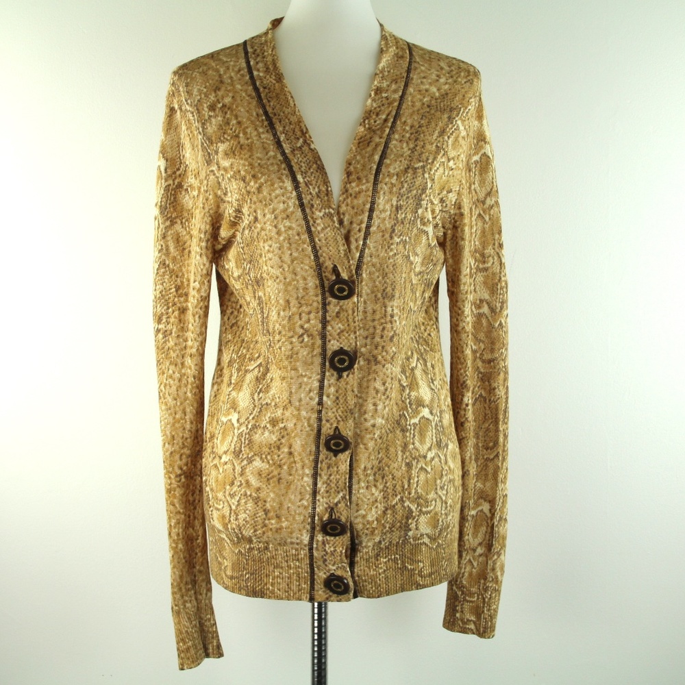 Tory Burch Gold Snake-Print Button Cardigan